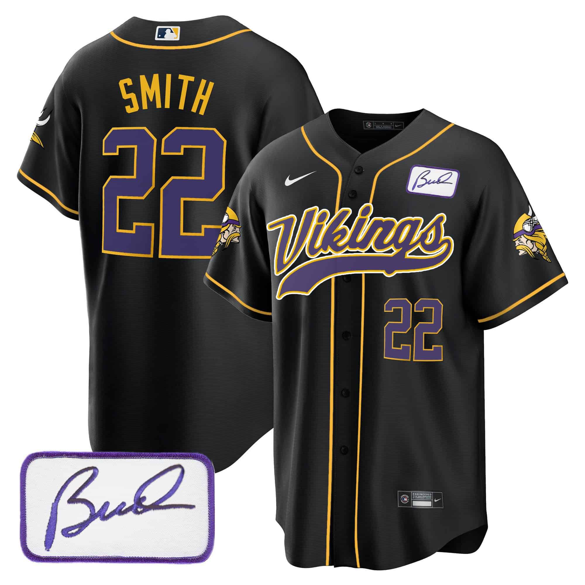Men Minnesota Vikings #22 Smith Black 2024 Nike Bud Grant Patch Classic Baseball NFL Jersey